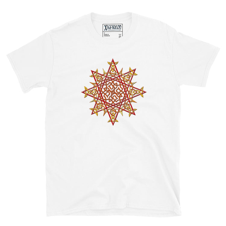 A white Xigfireon graphic t-shirt featuring the Fire Colour iteration of the `Morning Star Fire` Celtic knot design. The `Morning Star Fire` Celtic knot symbolizes Father Sun.