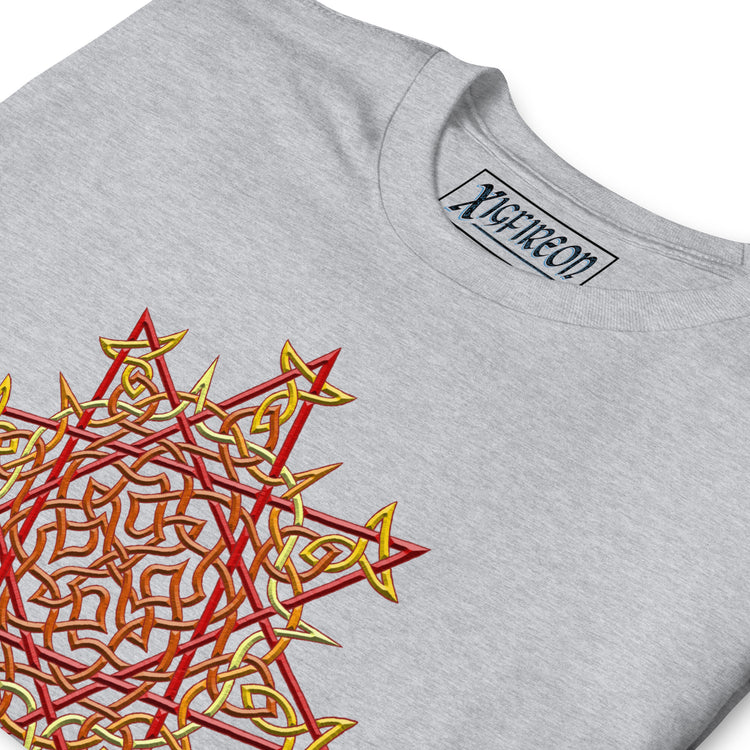 A close-up view of a sport grey Xigfireon graphic t-shirt featuring the Fire Colour iteration of the `Morning Star Fire` Celtic knot design. The `Morning Star Fire` Celtic knot symbolizes the Sun.