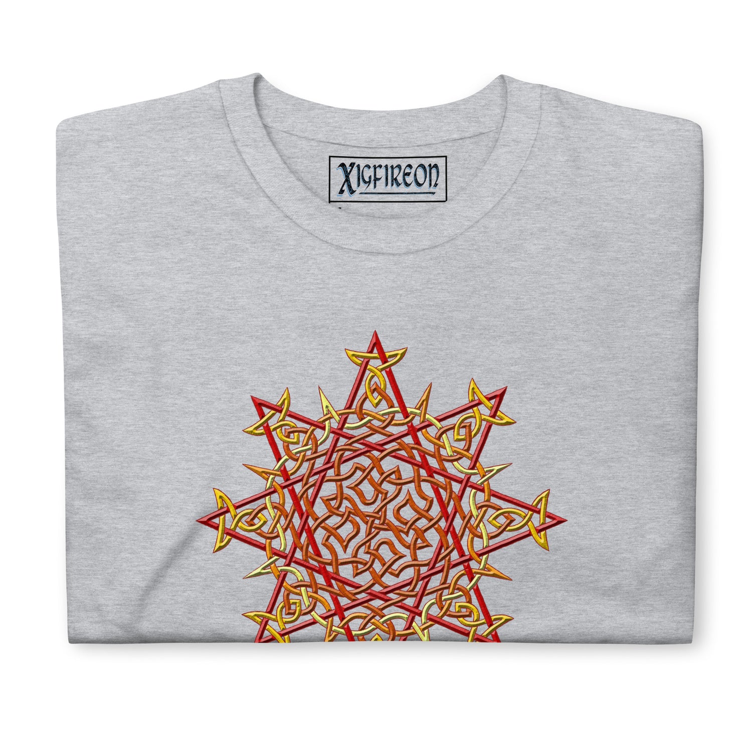 A sport grey Xigfireon graphic t-shirt featuring the Fire Colour iteration of the `Morning Star Fire` Celtic knot design. The `Morning Star Fire` Celtic knot symbolizes the Sun.