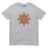 A sport grey Xigfireon graphic t-shirt featuring the Fire Colour iteration of the `Morning Star Fire` Celtic knot design. The `Morning Star Fire` Celtic knot symbolizes the Sun.