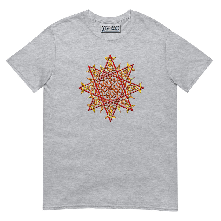 A sport grey Xigfireon graphic t-shirt featuring the Fire Colour iteration of the `Morning Star Fire` Celtic knot design. The `Morning Star Fire` Celtic knot symbolizes the Sun.