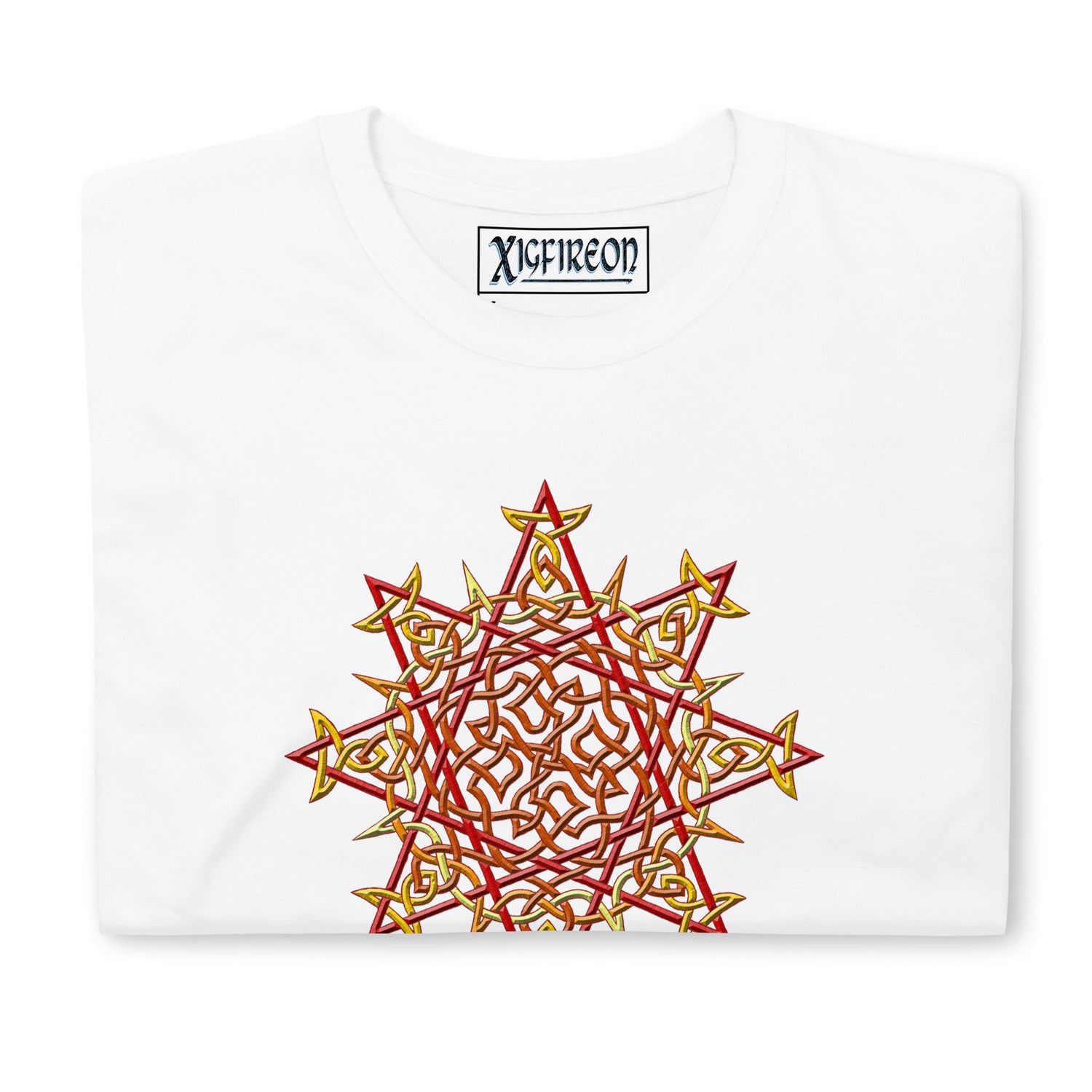 A folded white Xigfireon graphic t-shirt featuring the Fire Colour iteration of the `Morning Star Fire` Celtic knot design. The `Morning Star Fire` Celtic knot symbolizes the Sun.