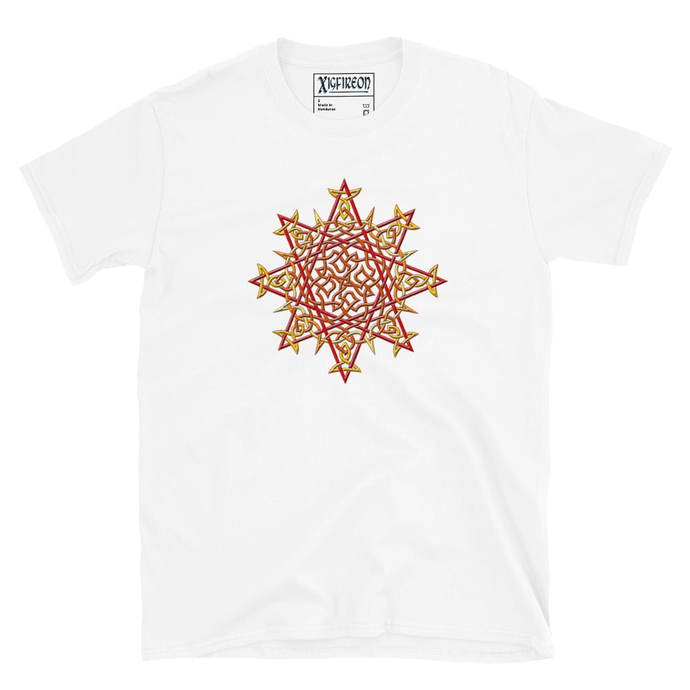 A white Xigfireon graphic t-shirt featuring the Fire Colour iteration of the `Morning Star Fire` Celtic knot design. The `Morning Star Fire` Celtic knot symbolizes the Sun.