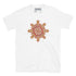 A white Xigfireon graphic t-shirt featuring the Fire Colour iteration of the `Morning Star Fire` Celtic knot design. The `Morning Star Fire` Celtic knot symbolizes the Sun.