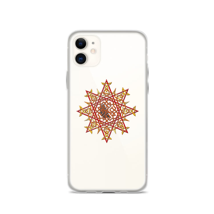 An iPhone 11 in a Xigfireon clear phone case featuring the Fire Colour iteration of the `Morning Star Fire` Celtic knot design. The `Morning Star Fire` Celtic knot design represents Father Sun.