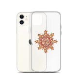 An iPhone 11 behind a Xigfireon clear phone case featuring the Fire Colour iteration of the `Morning Star Fire` Celtic knot design. The `Morning Star Fire` Celtic knot design represents Father Sun.