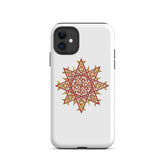 An iPhone 11 in a Xigfireon matte white tough phone case featuring the Fire Colour iteration of the `Morning Star Fire` Celtic knot design. The `Morning Star Fire` Celtic knot design is a Sun symbol.