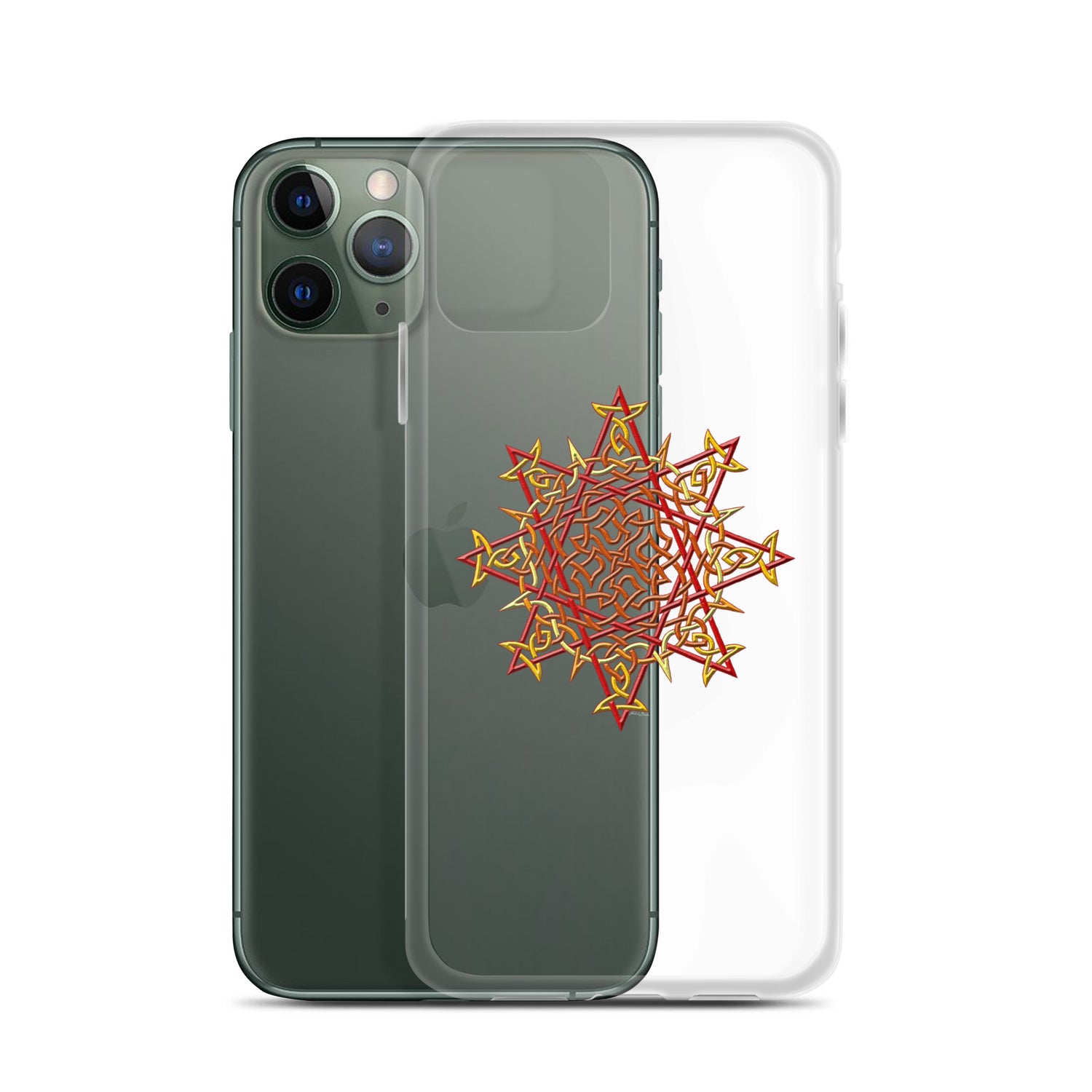 An iPhone 11 Pro behind a Xigfireon clear phone case featuring the Fire Colour iteration of the `Morning Star Fire` Celtic knot design. The `Morning Star Fire` Celtic knot design represents Father Sun.