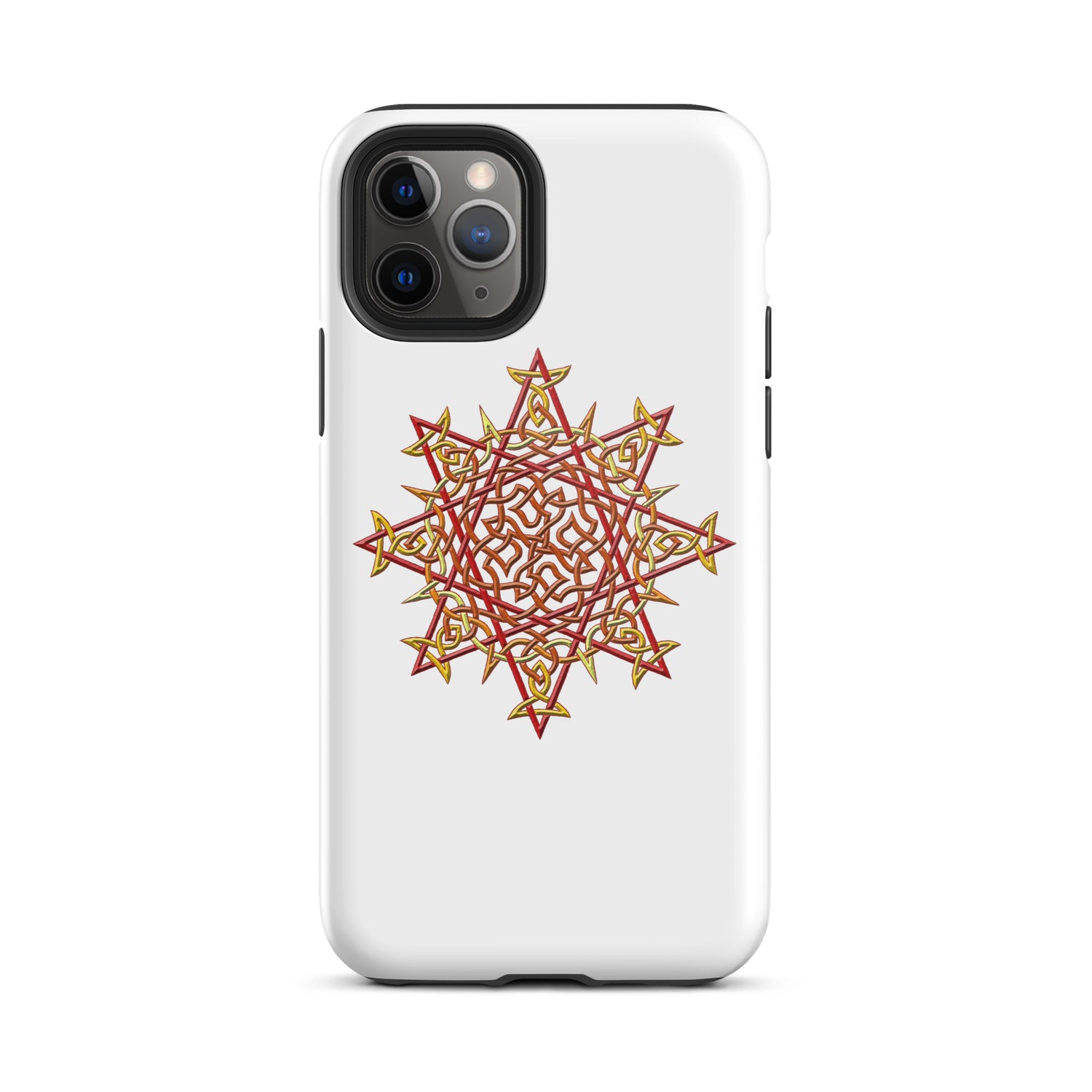 An iPhone 11 Pro in a Xigfireon glossy white tough phone case featuring the Fire Colour iteration of the `Morning Star Fire` Celtic knot design. The `Morning Star Fire` Celtic knot design is a Sun symbol.