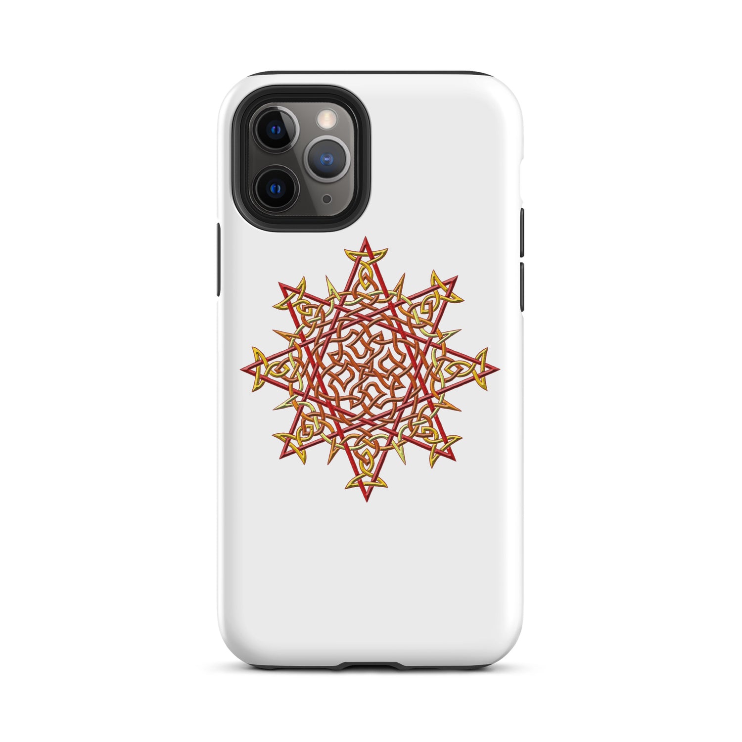 An iPhone 11 Pro in a Xigfireon matte white tough phone case featuring the Fire Colour iteration of the `Morning Star Fire` Celtic knot design. The `Morning Star Fire` Celtic knot design is a Sun symbol.