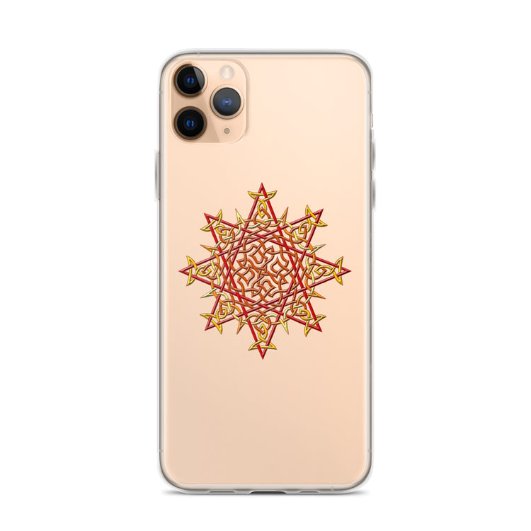 An iPhone 11 Pro Max in a Xigfireon clear phone case featuring the Fire Colour iteration of the `Morning Star Fire` Celtic knot design. The `Morning Star Fire` Celtic knot design represents Father Sun.