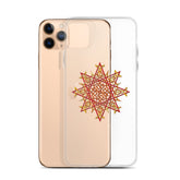 An iPhone 11 Pro Max behind a Xigfireon clear phone case featuring the Fire Colour iteration of the `Morning Star Fire` Celtic knot design. The `Morning Star Fire` Celtic knot design represents Father Sun.