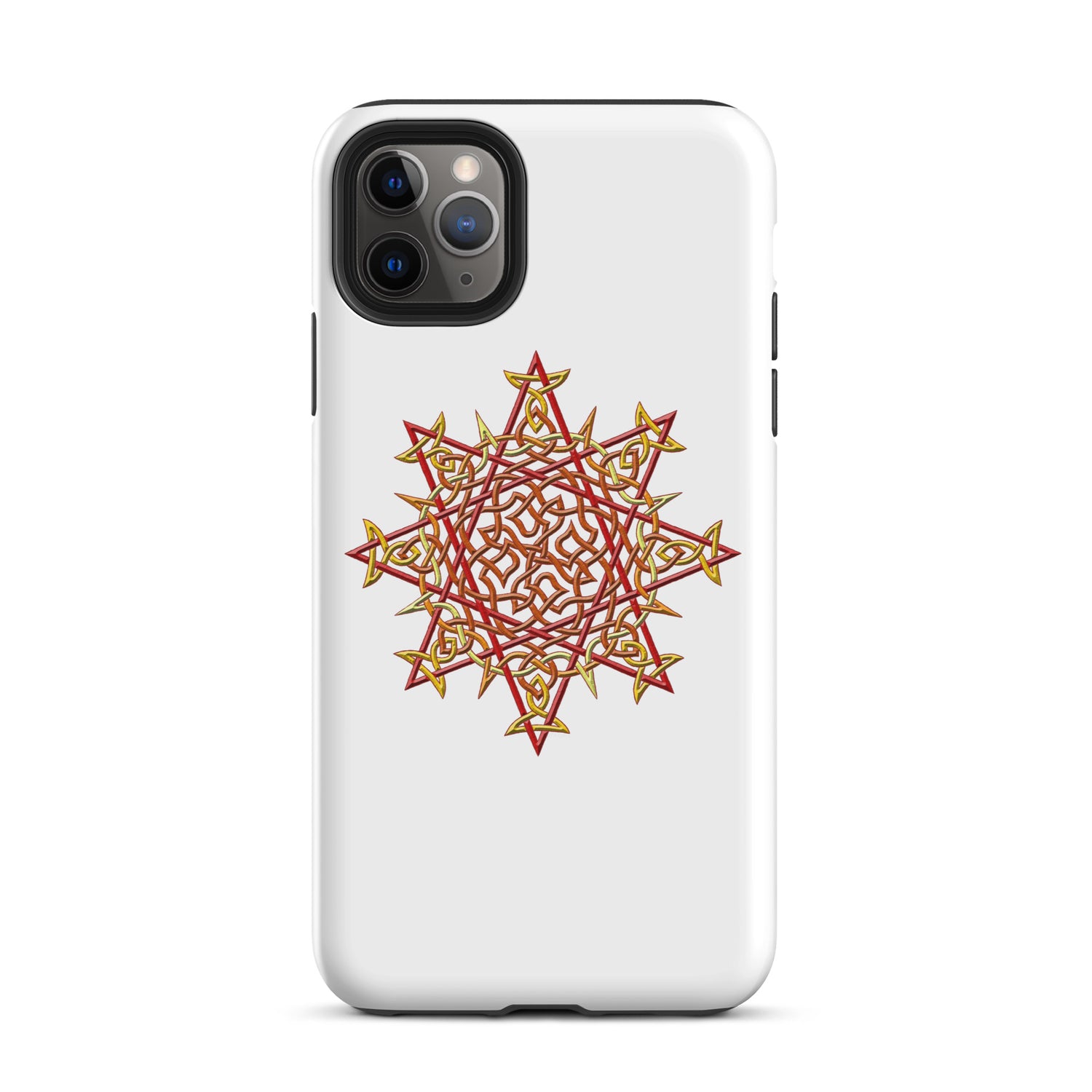 An iPhone 11 Pro Max in a Xigfireon matte white tough phone case featuring the Fire Colour iteration of the `Morning Star Fire` Celtic knot design. The `Morning Star Fire` Celtic knot design is a Sun symbol.