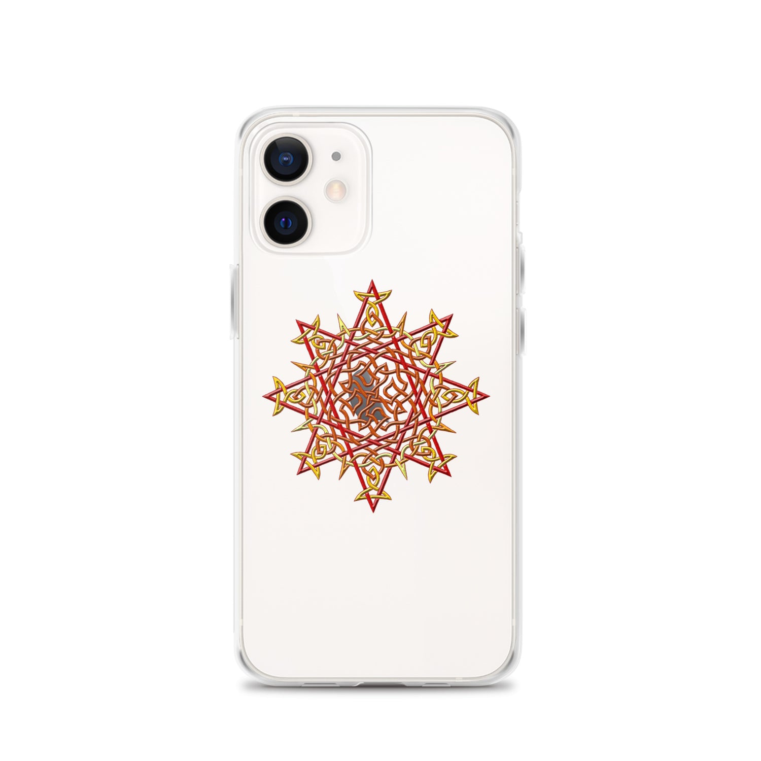 An iPhone 12 in a Xigfireon clear phone case featuring the Fire Colour iteration of the `Morning Star Fire` Celtic knot design. The `Morning Star Fire` Celtic knot design represents Father Sun.