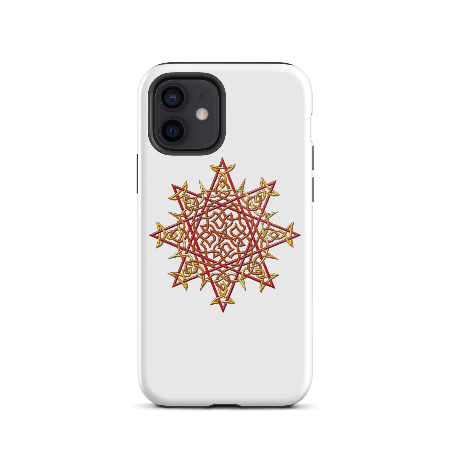 An iPhone 12 in a Xigfireon glossy white tough phone case featuring the Fire Colour iteration of the `Morning Star Fire` Celtic knot design. The `Morning Star Fire` Celtic knot design is a Sun symbol.