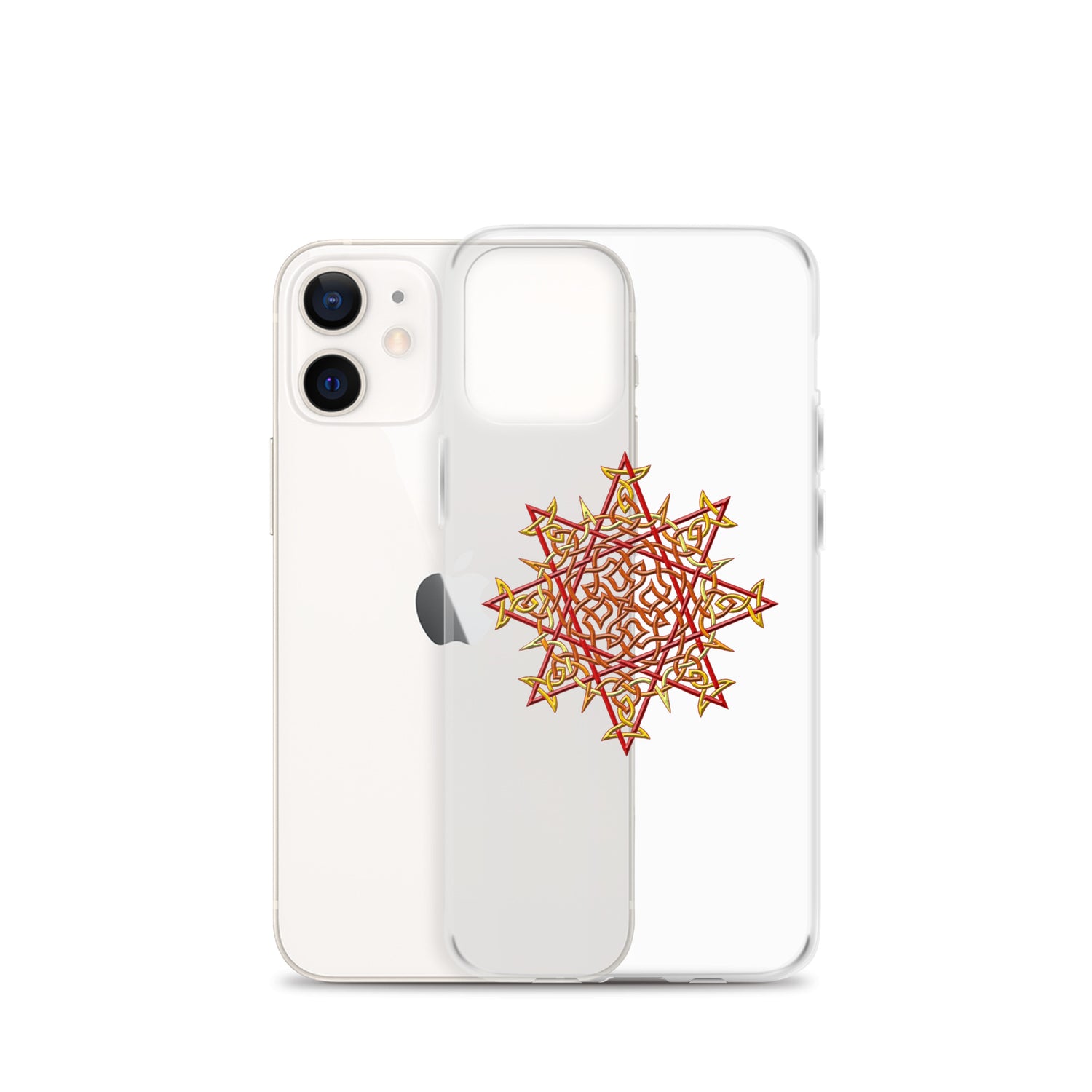 An iPhone 12 Mini behind a Xigfireon clear phone case featuring the Fire Colour iteration of the `Morning Star Fire` Celtic knot design. The `Morning Star Fire` Celtic knot design represents Father Sun.