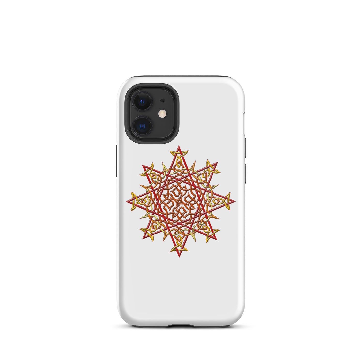 An iPhone 12 Mini in a Xigfireon glossy white tough phone case featuring the Fire Colour iteration of the `Morning Star Fire` Celtic knot design. The `Morning Star Fire` Celtic knot design is a Sun symbol.