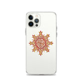 An iPhone 12 Pro in a Xigfireon clear phone case featuring the Fire Colour iteration of the `Morning Star Fire` Celtic knot design. The `Morning Star Fire` Celtic knot design represents Father Sun.