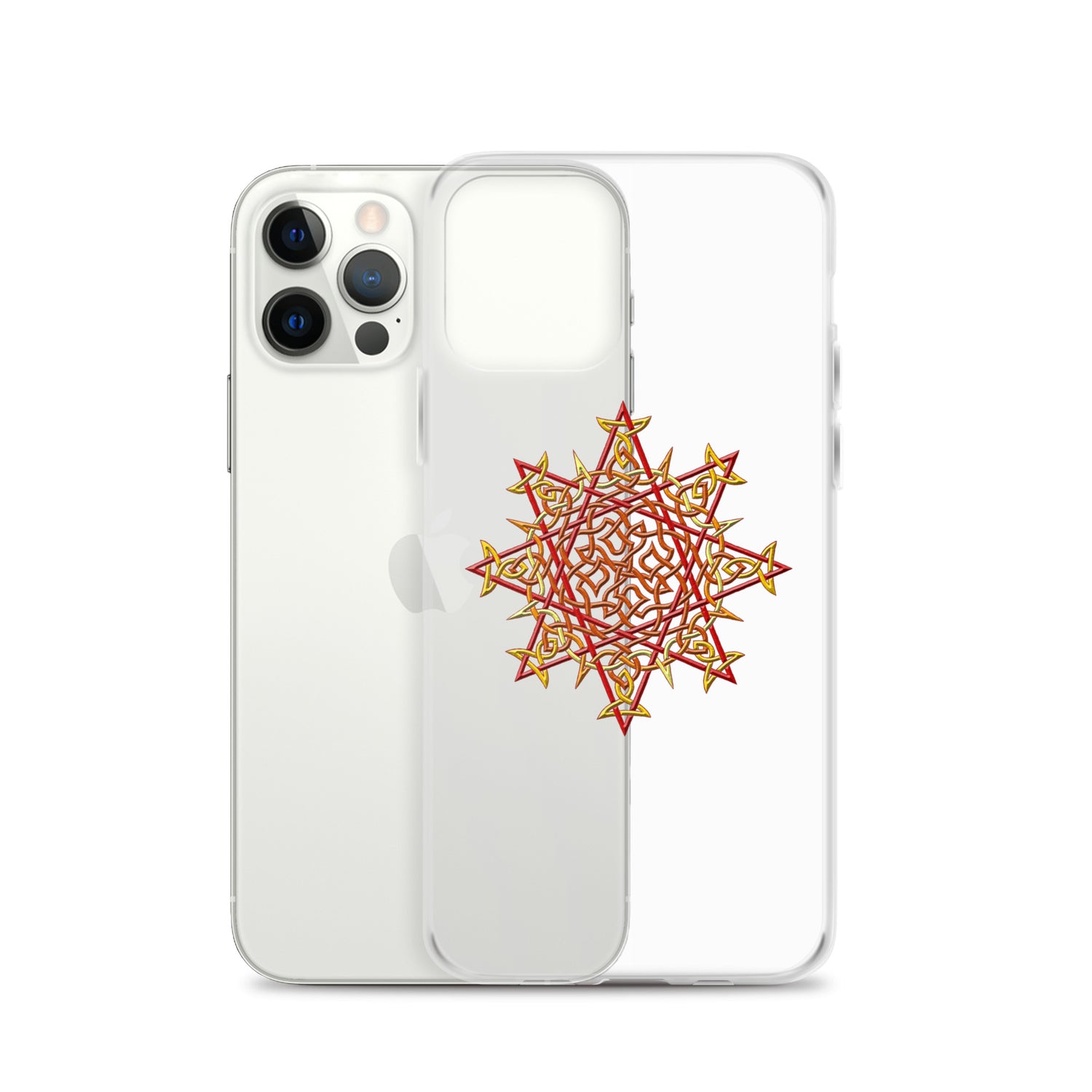 An iPhone 12 Pro behind a Xigfireon clear phone case featuring the Fire Colour iteration of the `Morning Star Fire` Celtic knot design. The `Morning Star Fire` Celtic knot design represents Father Sun.