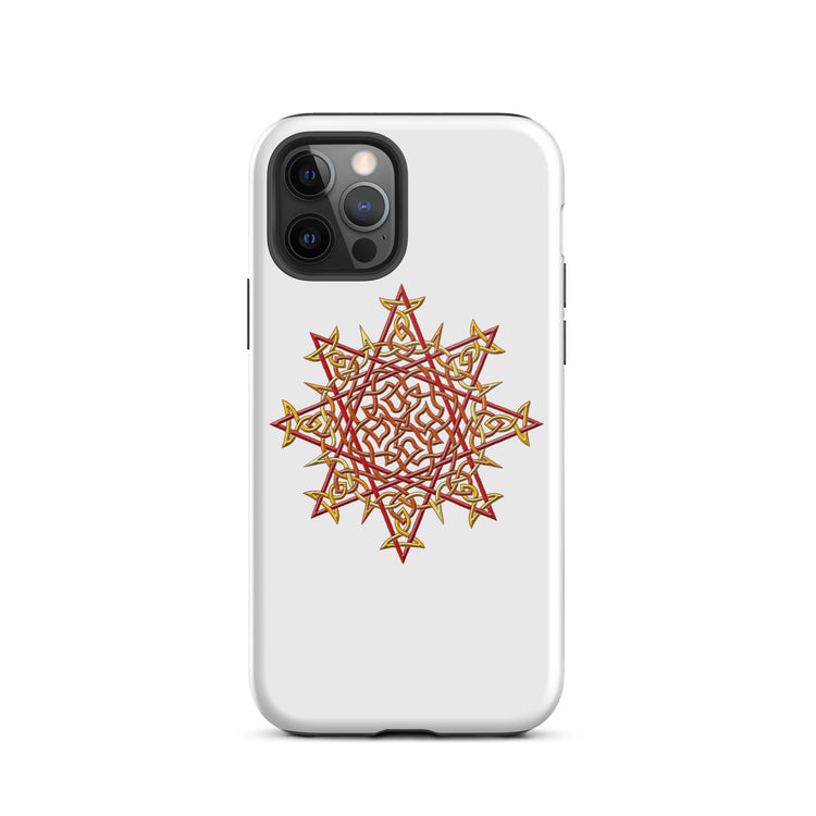 An iPhone 12 Pro in a Xigfireon glossy white tough phone case featuring the Fire Colour iteration of the `Morning Star Fire` Celtic knot design. The `Morning Star Fire` Celtic knot design is a Sun symbol.