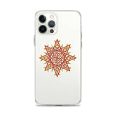 An iPhone 12 Pro Max in a Xigfireon clear phone case featuring the Fire Colour iteration of the `Morning Star Fire` Celtic knot design. The `Morning Star Fire` Celtic knot design represents Father Sun.