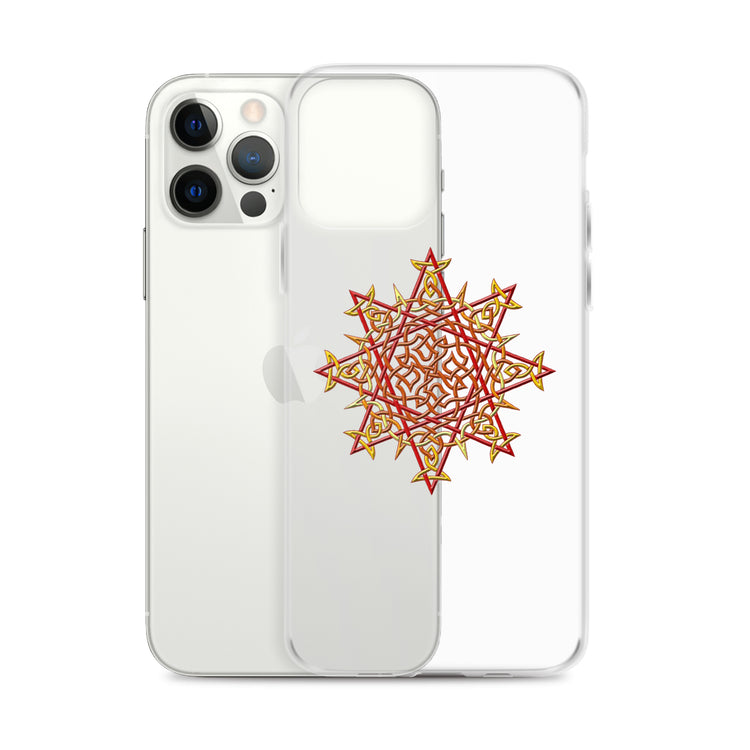 An iPhone 12 Pro Max behind a Xigfireon clear phone case featuring the Fire Colour iteration of the `Morning Star Fire` Celtic knot design. The `Morning Star Fire` Celtic knot design represents Father Sun.