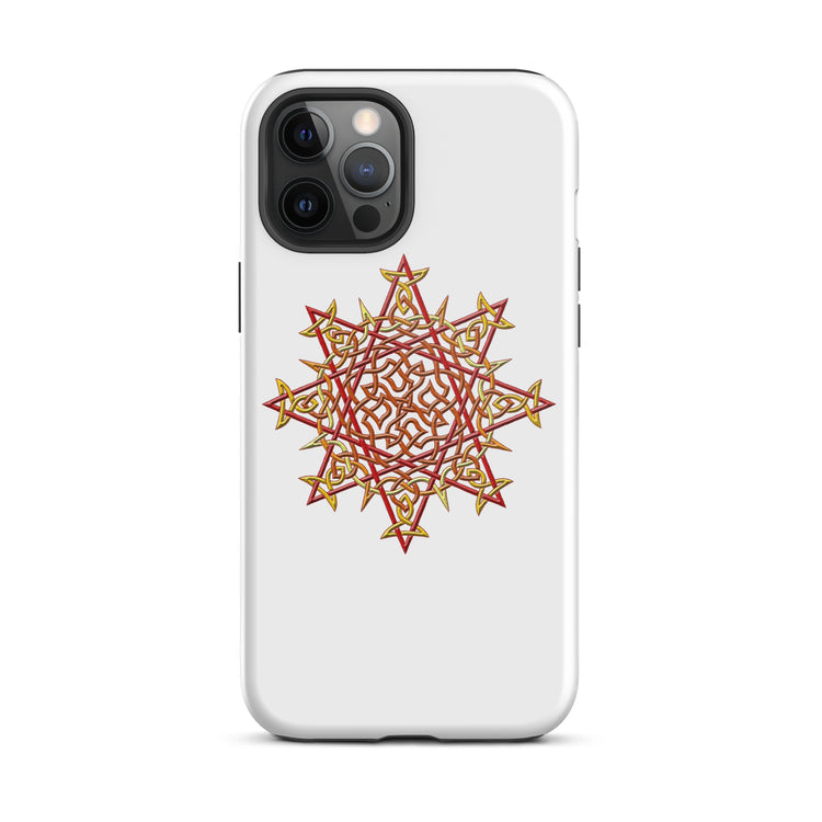 An iPhone 12 Pro Max in a Xigfireon glossy white tough phone case featuring the Fire Colour iteration of the `Morning Star Fire` Celtic knot design. The `Morning Star Fire` Celtic knot design is a Sun symbol.