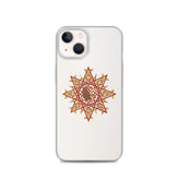 An iPhone 13 behind a Xigfireon clear phone case featuring the Fire Colour iteration of the `Morning Star Fire` Celtic knot design. The `Morning Star Fire` Celtic knot design represents Father Sun.