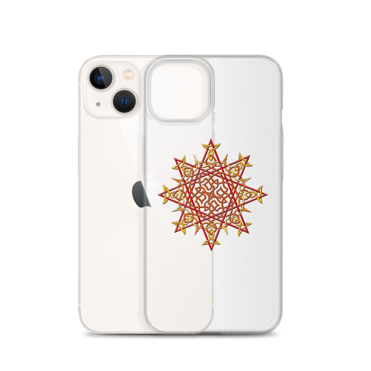 An iPhone 13 behind a Xigfireon clear phone case featuring the Fire Colour iteration of the `Morning Star Fire` Celtic knot design. The `Morning Star Fire` Celtic knot design represents Father Sun.