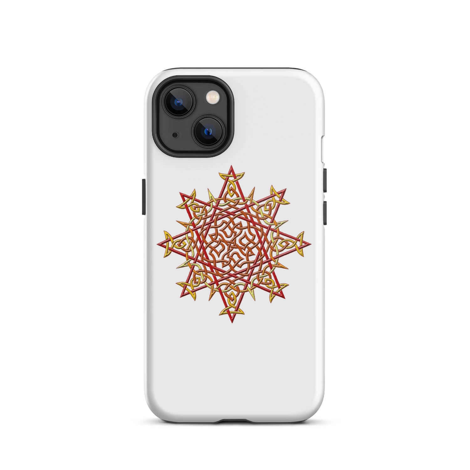 An iPhone 13 in a Xigfireon glossy white tough phone case featuring the Fire Colour iteration of the `Morning Star Fire` Celtic knot design. The `Morning Star Fire` Celtic knot design is a Sun symbol.