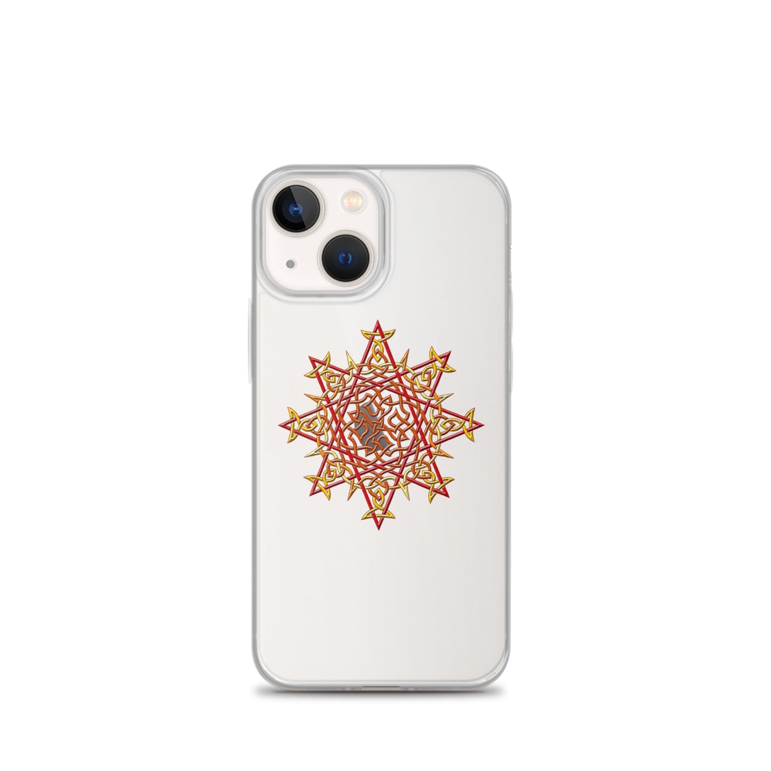 An iPhone 13 Mini in a Xigfireon clear phone case featuring the Fire Colour iteration of the `Morning Star Fire` Celtic knot design. The `Morning Star Fire` Celtic knot design represents Father Sun.