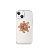 An iPhone 13 Mini in a Xigfireon clear phone case featuring the Fire Colour iteration of the `Morning Star Fire` Celtic knot design. The `Morning Star Fire` Celtic knot design represents Father Sun.