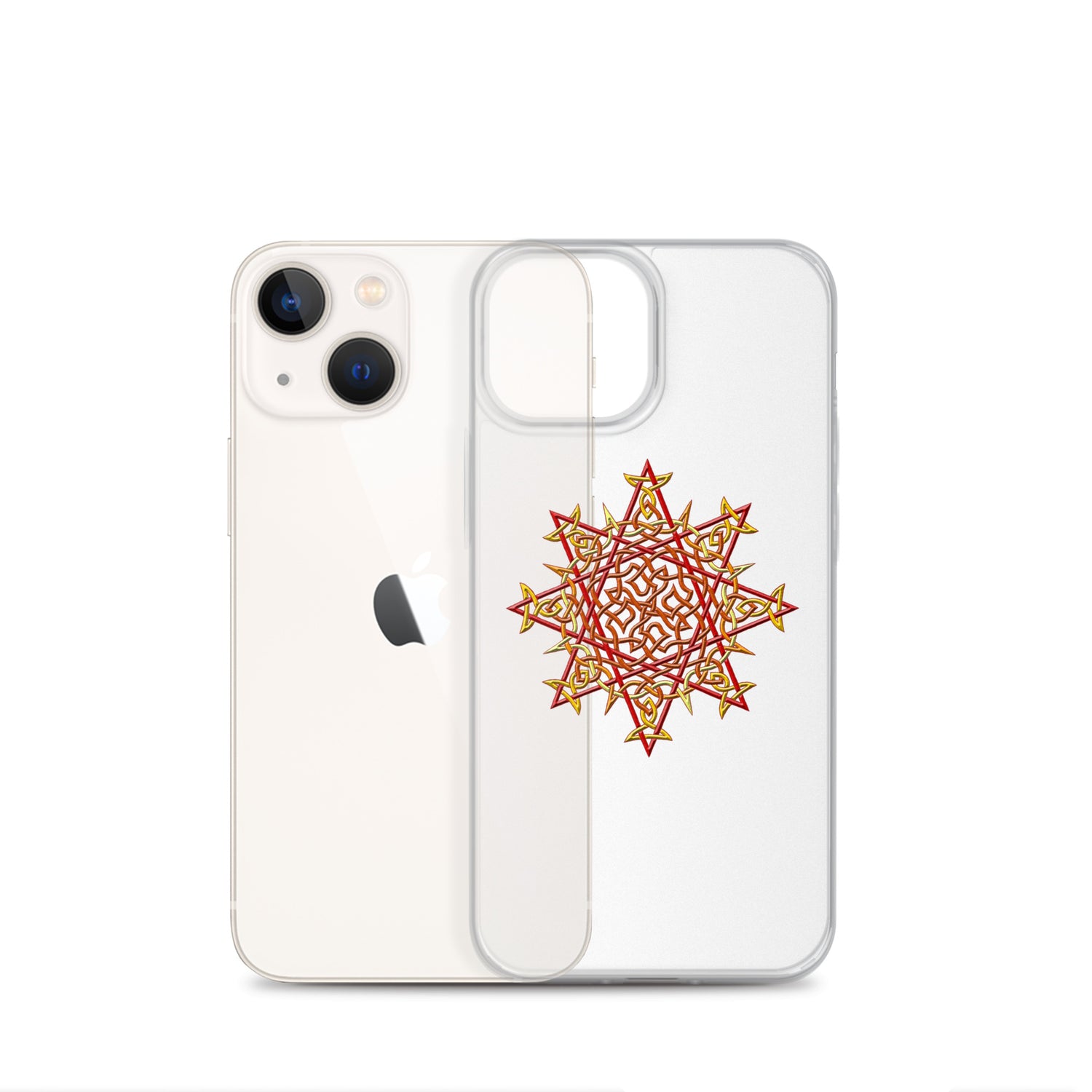 An iPhone 13 Mini behind a Xigfireon clear phone case featuring the Fire Colour iteration of the `Morning Star Fire` Celtic knot design. The `Morning Star Fire` Celtic knot design represents Father Sun.