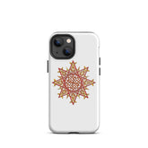 An iPhone 13 Mini in a Xigfireon glossy white tough phone case featuring the Fire Colour iteration of the `Morning Star Fire` Celtic knot design. The `Morning Star Fire` Celtic knot design is a Sun symbol.