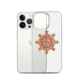 An iPhone 13 Pro behind a Xigfireon clear phone case featuring the Fire Colour iteration of the `Morning Star Fire` Celtic knot design. The `Morning Star Fire` Celtic knot design represents Father Sun.