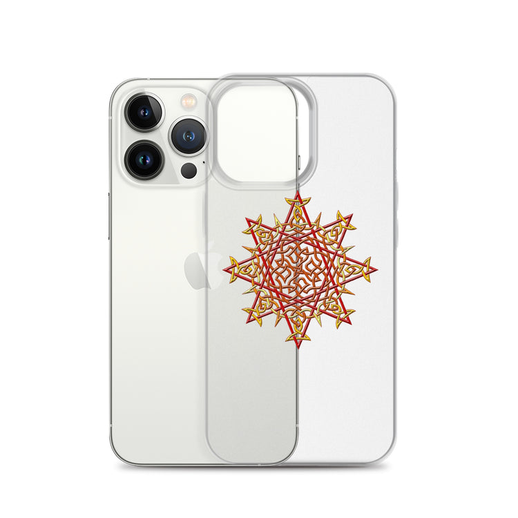 An iPhone 13 Pro behind a Xigfireon clear phone case featuring the Fire Colour iteration of the `Morning Star Fire` Celtic knot design. The `Morning Star Fire` Celtic knot design represents Father Sun.