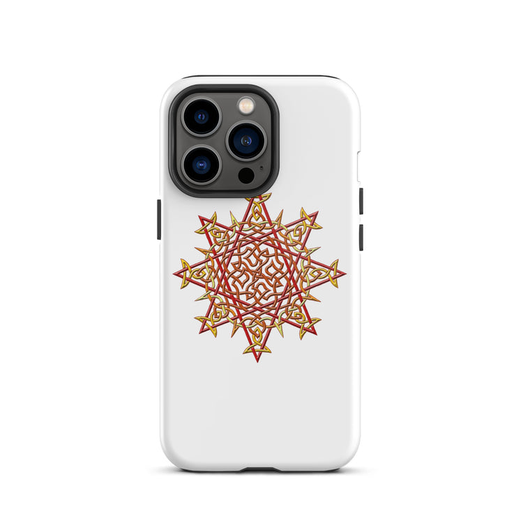 An iPhone 13 Pro in a Xigfireon glossy white tough phone case featuring the Fire Colour iteration of the `Morning Star Fire` Celtic knot design. The `Morning Star Fire` Celtic knot design is a Sun symbol.