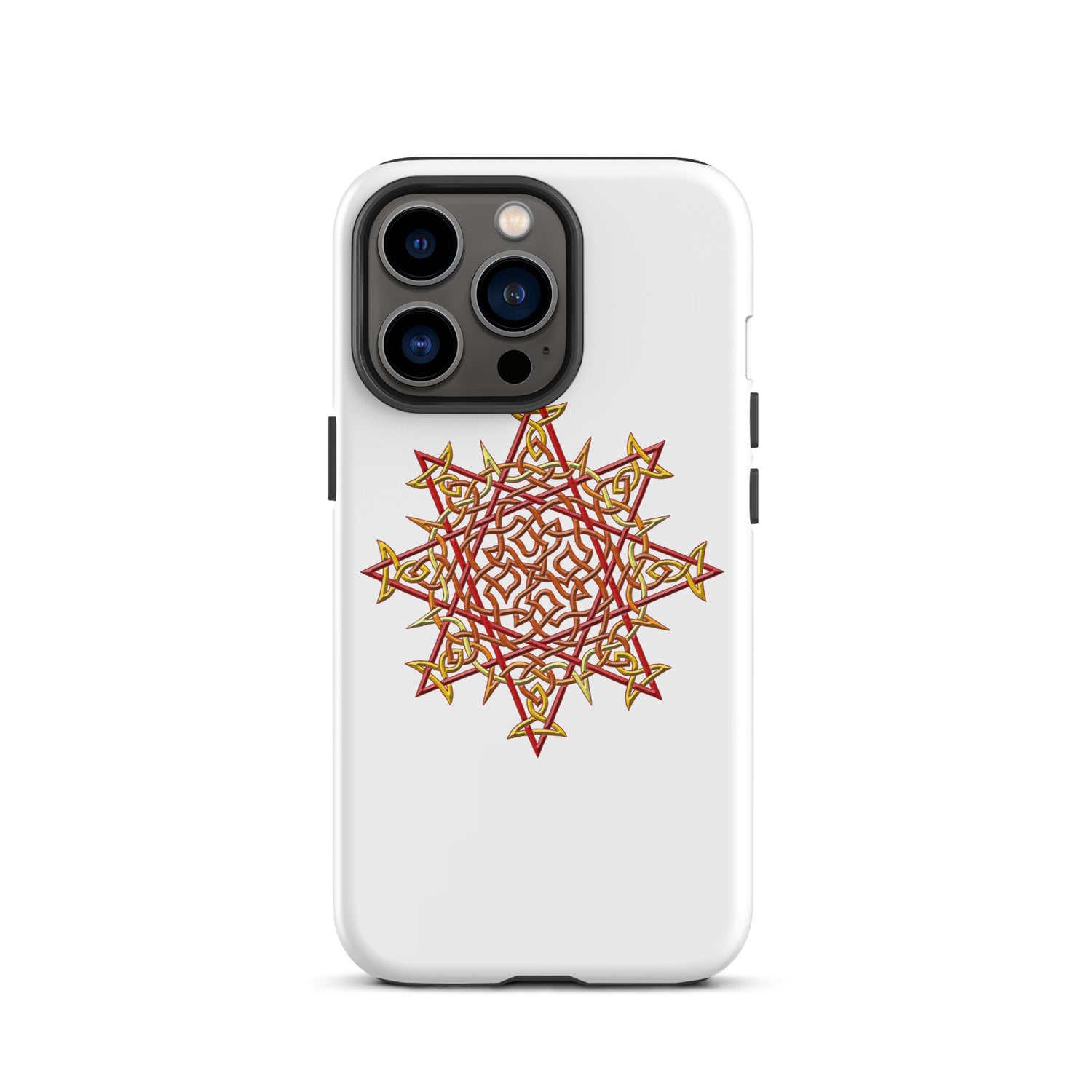 An iPhone 13 Pro in a Xigfireon matte white tough phone case featuring the Fire Colour iteration of the `Morning Star Fire` Celtic knot design. The `Morning Star Fire` Celtic knot design is a Sun symbol.