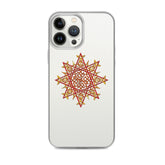 An iPhone 13 Pro Max in a Xigfireon clear phone case featuring the Fire Colour iteration of the `Morning Star Fire` Celtic knot design. The `Morning Star Fire` Celtic knot design represents Father Sun.