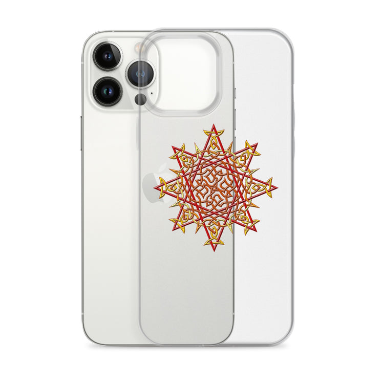 An iPhone 13 Pro Max behind a Xigfireon clear phone case featuring the Fire Colour iteration of the `Morning Star Fire` Celtic knot design. The `Morning Star Fire` Celtic knot design represents Father Sun.