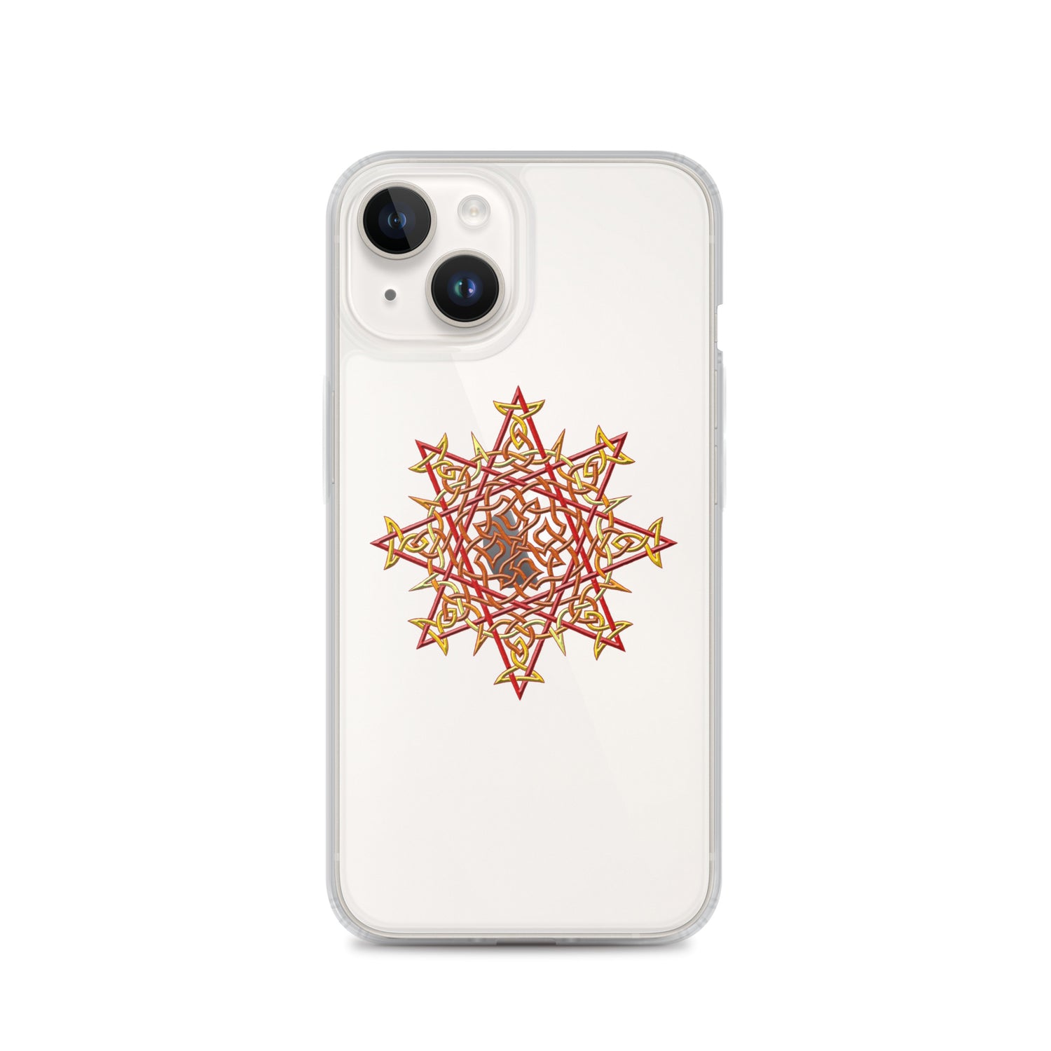 An iPhone 14 in a Xigfireon clear phone case featuring the Fire Colour iteration of the `Morning Star Fire` Celtic knot design. The `Morning Star Fire` Celtic knot design represents Father Sun.