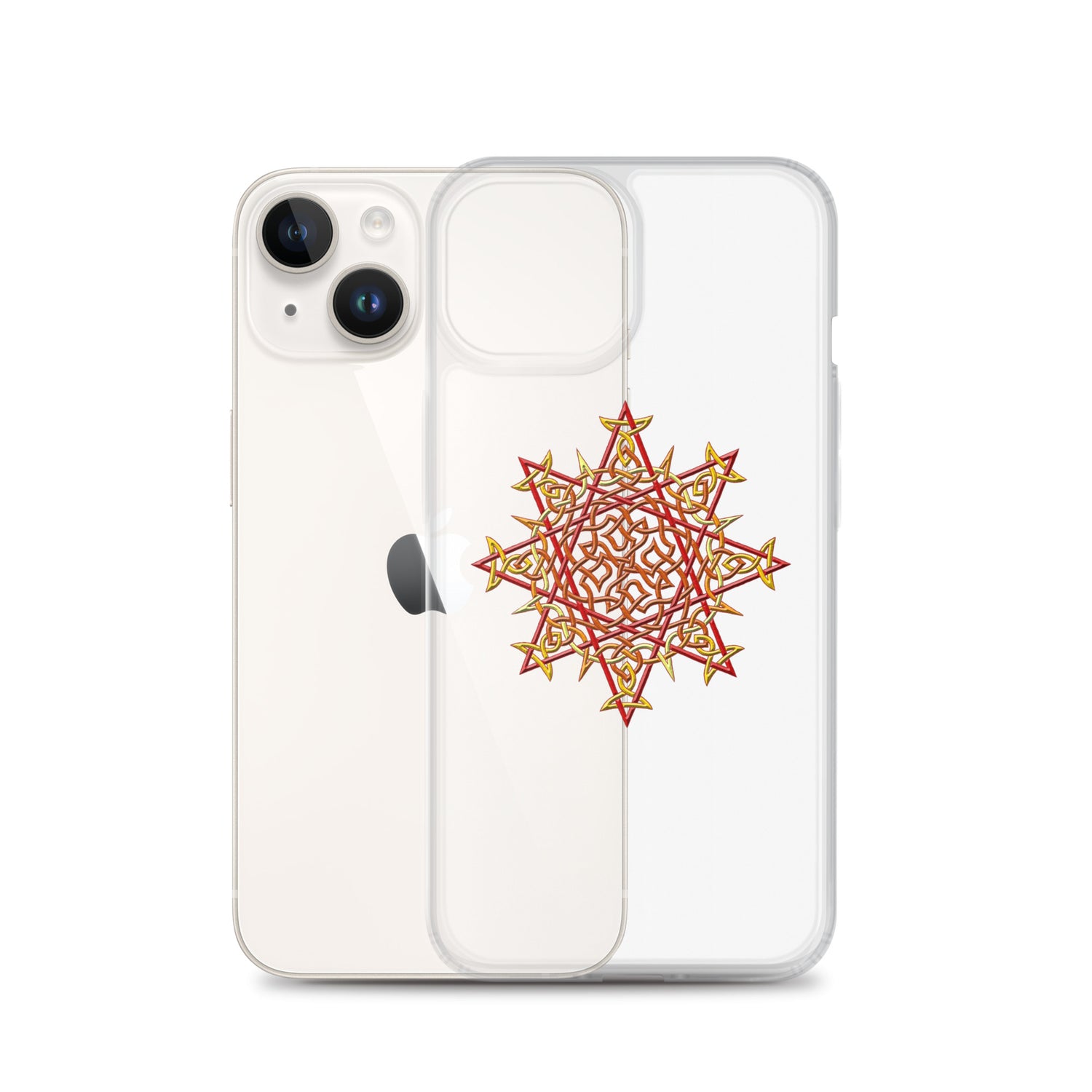 An iPhone 14 behind a Xigfireon clear phone case featuring the Fire Colour iteration of the `Morning Star Fire` Celtic knot design. The `Morning Star Fire` Celtic knot design represents Father Sun.