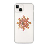 An iPhone 14 Plus in a Xigfireon clear phone case featuring the Fire Colour iteration of the `Morning Star Fire` Celtic knot design. The `Morning Star Fire` Celtic knot design represents Father Sun.