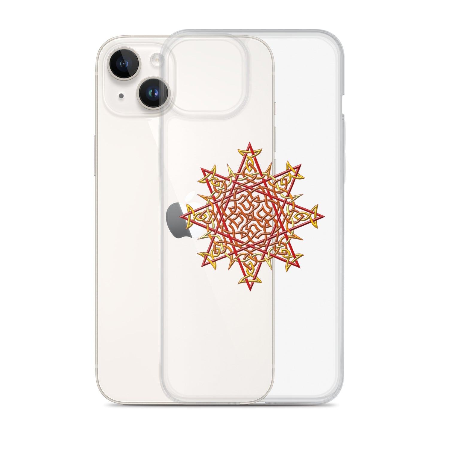 An iPhone 14 Plues behind a Xigfireon clear phone case featuring the Fire Colour iteration of the `Morning Star Fire` Celtic knot design. The `Morning Star Fire` Celtic knot design represents Father Sun.