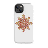 An iPhone 14 Plus in a Xigfireon glossy white tough phone case featuring the Fire Colour iteration of the `Morning Star Fire` Celtic knot design. The `Morning Star Fire` Celtic knot design is a Sun symbol.