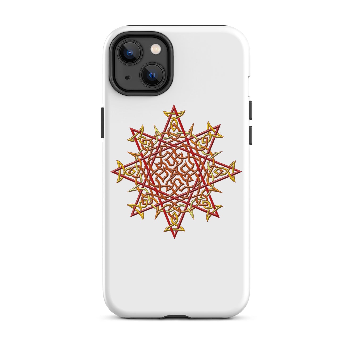 An iPhone 14 Plus in a Xigfireon matte white tough phone case featuring the Fire Colour iteration of the `Morning Star Fire` Celtic knot design. The `Morning Star Fire` Celtic knot design is a Sun symbol.