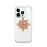 An iPhone 14 Pro in a Xigfireon clear phone case featuring the Fire Colour iteration of the `Morning Star Fire` Celtic knot design. The `Morning Star Fire` Celtic knot design represents Father Sun.