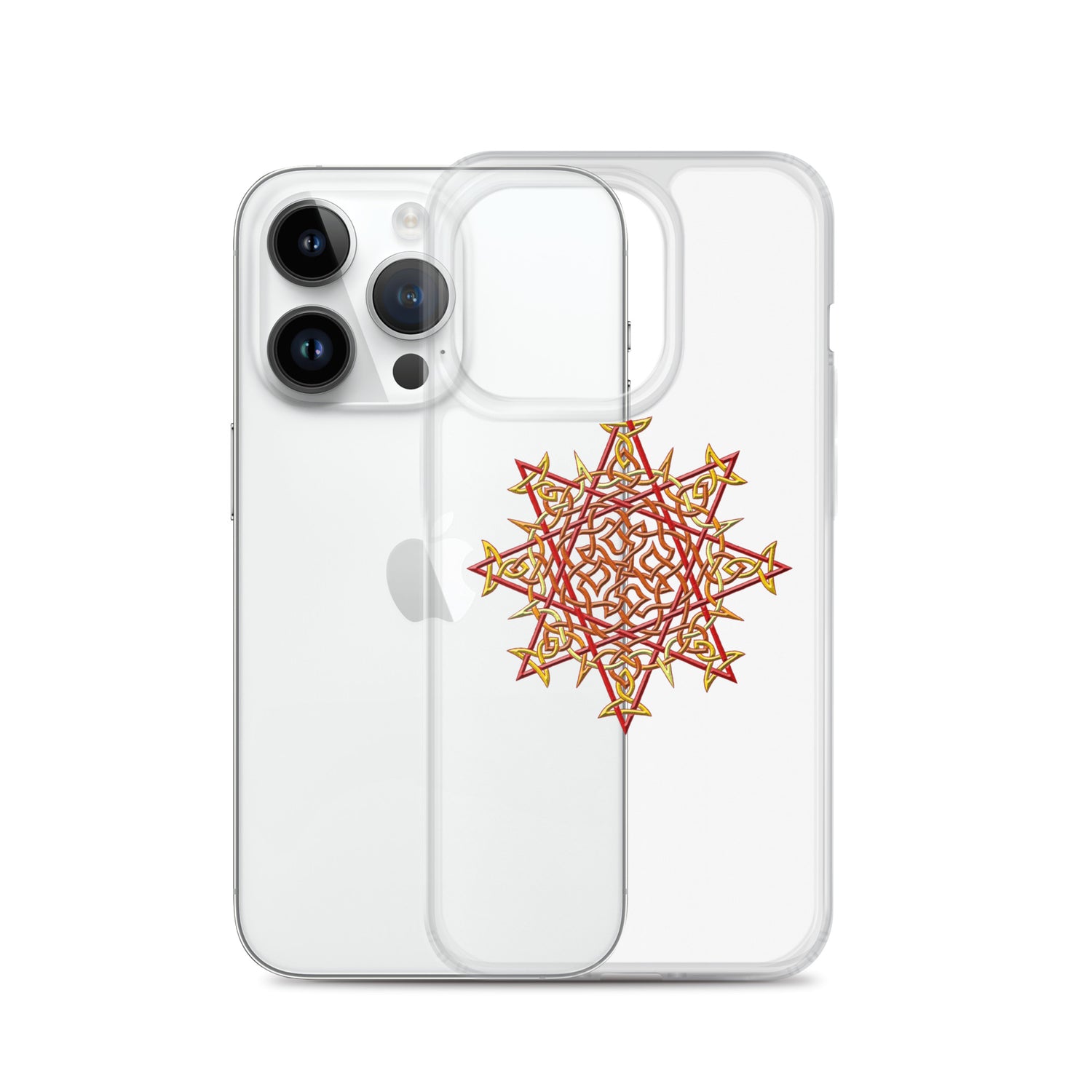 An iPhone 14 Pro behind a Xigfireon clear phone case featuring the Fire Colour iteration of the `Morning Star Fire` Celtic knot design. The `Morning Star Fire` Celtic knot design represents Father Sun.