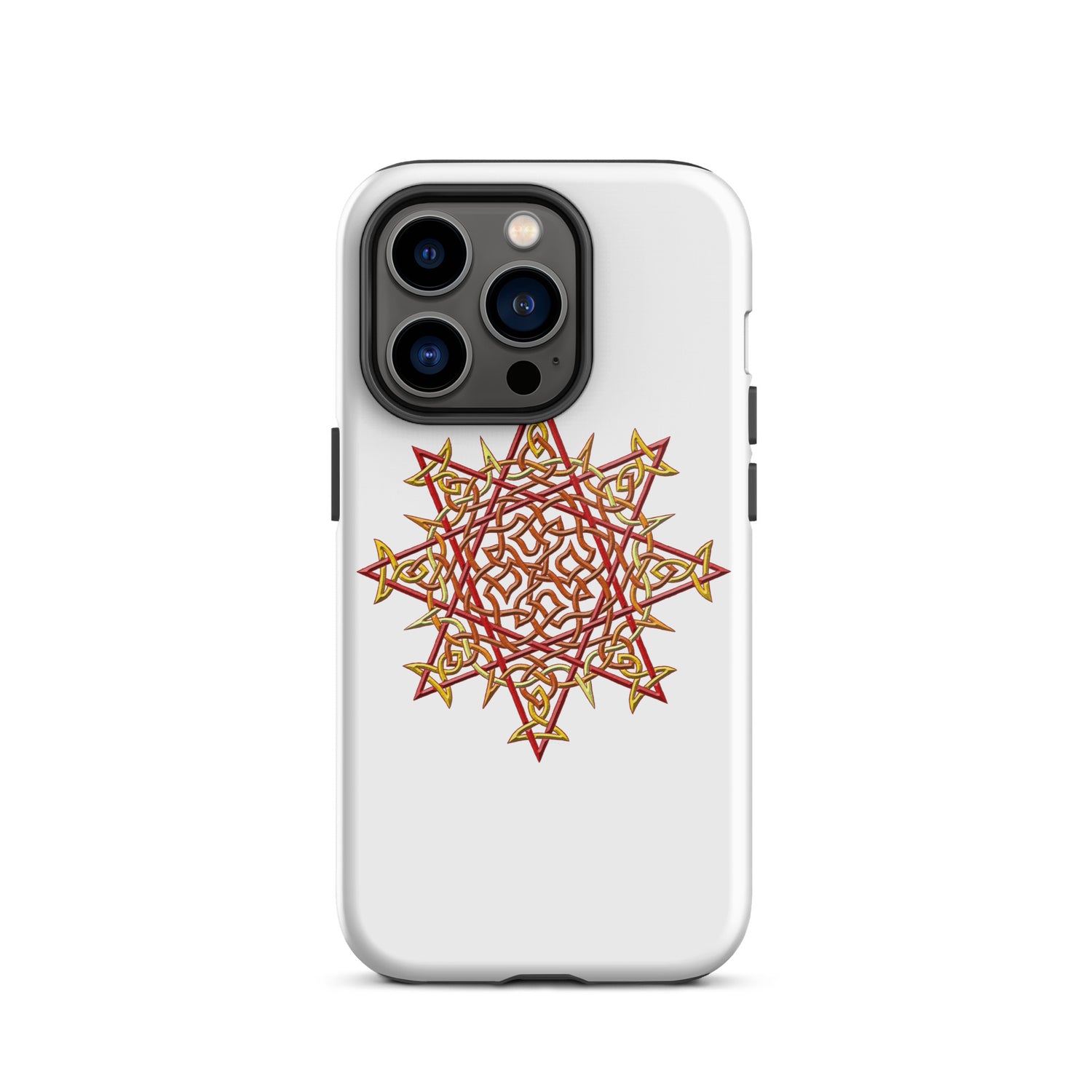 An iPhone 14 Pro in a Xigfireon glossy white tough phone case featuring the Fire Colour iteration of the `Morning Star Fire` Celtic knot design. The `Morning Star Fire` Celtic knot design is a Sun symbol.