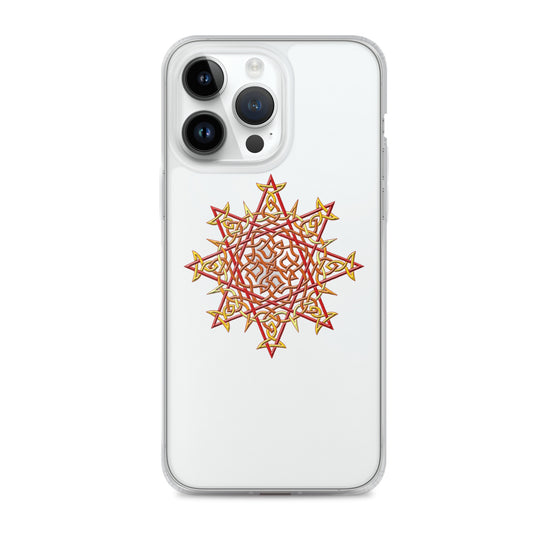 An iPhone 14 Pro Max in a Xigfireon clear phone case featuring the Fire Colour iteration of the `Morning Star Fire` Celtic knot design. The `Morning Star Fire` Celtic knot design represents Father Sun.